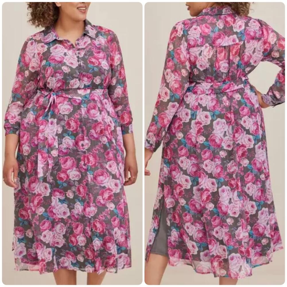NWT TORRID Maxi Woven Shirt Dress Floral Grey